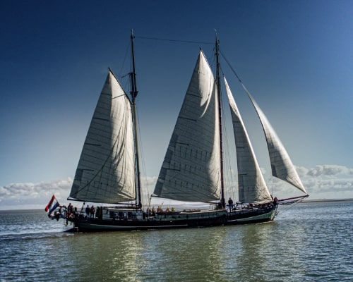 A sailing passenger ship on the sea